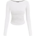 thumbnail image 1 of PRETTYGARDEN Long Sleeve Shirts for Women Fall Ruched Sides Boat Neck Basic Tee Casual Fitted Ribbed Knit Crop Tops, 1 of 6