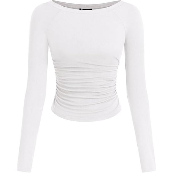 PRETTYGARDEN Long Sleeve Shirts for Women Fall Ruched Sides Boat Neck Basic Tee Casual Fitted Ribbed Knit Crop Tops
