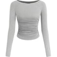 thumbnail image 1 of PRETTYGARDEN Long Sleeve Shirts for Women Fall Ruched Sides Boat Neck Basic Tee Casual Fitted Ribbed Knit Crop Tops, 1 of 6