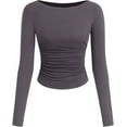 thumbnail image 1 of PRETTYGARDEN Long Sleeve Shirts for Women Fall Ruched Sides Boat Neck Basic Tee Casual Fitted Ribbed Knit Crop Tops, 1 of 6