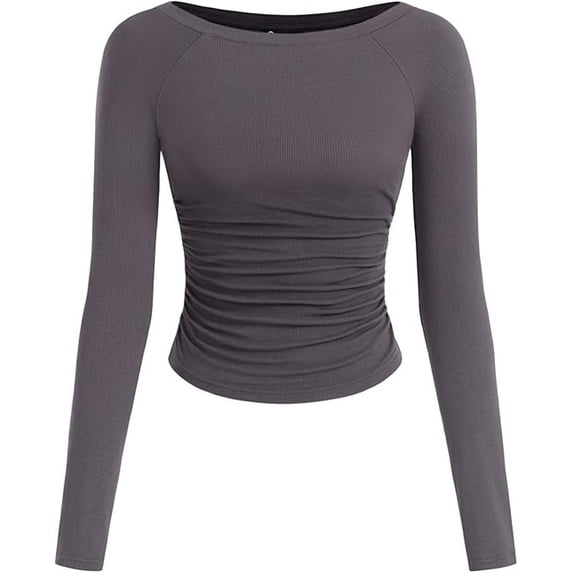 PRETTYGARDEN Long Sleeve Shirts for Women Fall Ruched Sides Boat Neck Basic Tee Casual Fitted Ribbed Knit Crop Tops