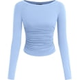 thumbnail image 1 of PRETTYGARDEN Long Sleeve Shirts for Women Fall Ruched Sides Boat Neck Basic Tee Casual Fitted Ribbed Knit Crop Tops, 1 of 6