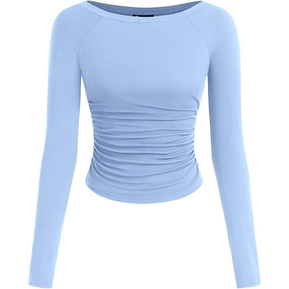 PRETTYGARDEN Long Sleeve Shirts for Women Fall Ruched Sides Boat Neck Basic Tee Casual Fitted Ribbed Knit Crop Tops