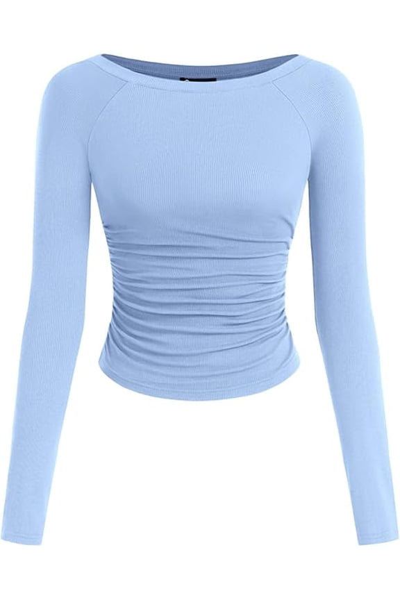 Long Sleeve Shirts for Women Fall Ruched Sides Boat Neck Basic Tee Casual Fitted Ribbed Knit Crop Tops