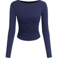 thumbnail image 1 of PRETTYGARDEN Long Sleeve Shirts for Women Fall Ruched Sides Boat Neck Basic Tee Casual Fitted Ribbed Knit Crop Tops, 1 of 6