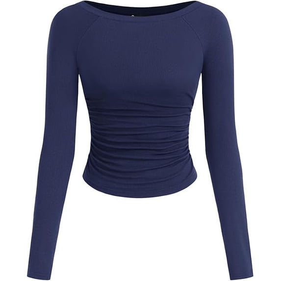 PRETTYGARDEN Long Sleeve Shirts for Women Fall Ruched Sides Boat Neck Basic Tee Casual Fitted Ribbed Knit Crop Tops