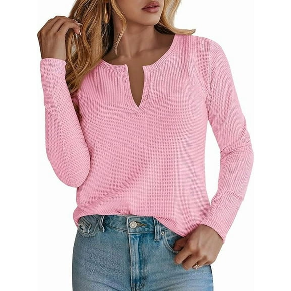 PRETTYGARDEN Long Sleeve Shirts for Women Fall V Neck Waffle Basic Tee Dressy Casual Winter Blouses Knit Tunic Tops