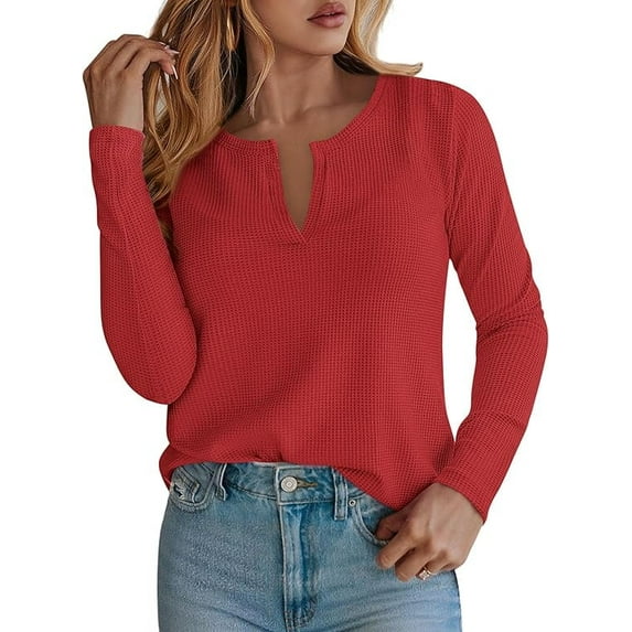 PRETTYGARDEN Long Sleeve Shirts for Women Fall V Neck Waffle Basic Tee Dressy Casual Winter Blouses Knit Tunic Tops