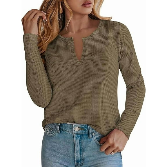 PRETTYGARDEN Long Sleeve Shirts for Women Fall V Neck Waffle Basic Tee Dressy Casual Winter Blouses Knit Tunic Tops
