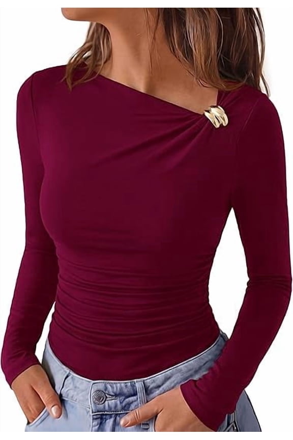 Long Sleeve Shirts for Women Ruched Knit Asymmetrical Tight Fitted Going Out Tops Y2k Fall Clothes