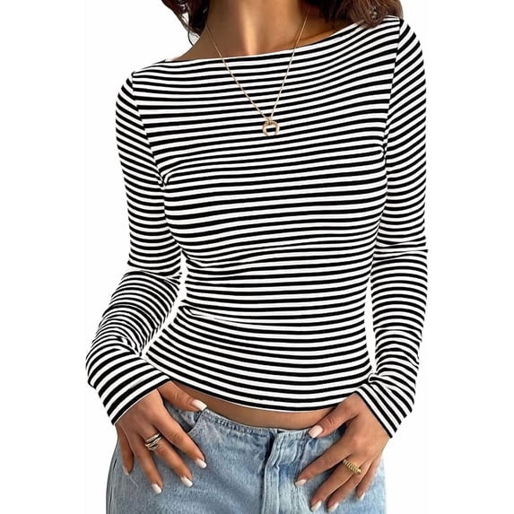 PRETTYGARDEN Long Sleeve Striped Shirts for Women Soft Ribbed Knit ,Y2k Tshirt,Slim Fit Layering,Cute Tops,Basic Tee,Business Casual Outfits,Spring Fall Trendy Clothes