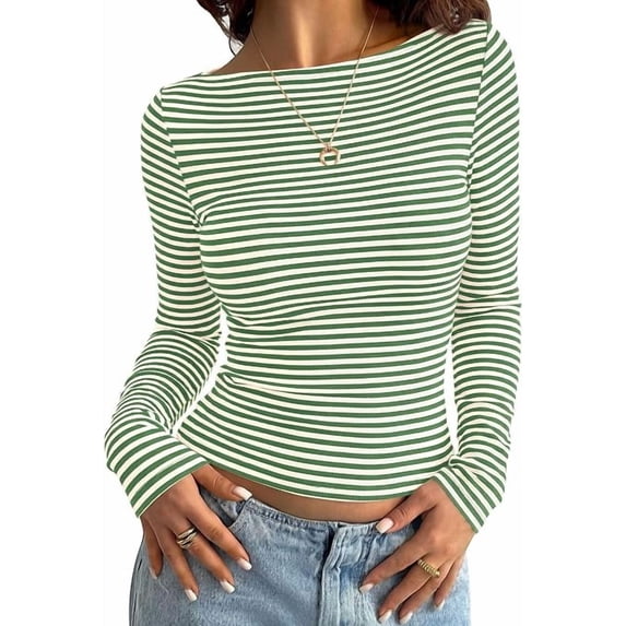 PRETTYGARDEN Long Sleeve Striped Shirts for Women Soft Ribbed Knit ,Y2k Tshirt,Slim Fit Layering,Cute Tops,Basic Tee,Business Casual Outfits,Spring Fall Trendy Clothes