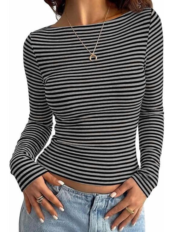 Long Sleeve Striped Shirts for Women Soft Ribbed Knit ,Y2k Tshirt,Slim Fit Layering,Cute Tops,Basic Tee,Business Casual Outfits,Spring Fall Trendy Clothes