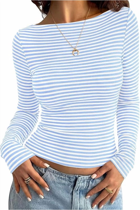 Long Sleeve Striped Shirts for Women Soft Ribbed Knit ,Y2k Tshirt,Slim Fit Layering,Cute Tops,Basic Tee,Business Casual Outfits,Spring Fall Trendy Clothes