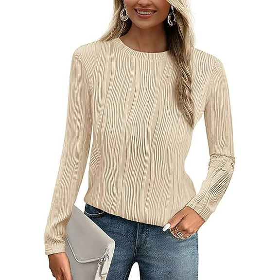 PRETTYGARDEN Long Sleeve Tops for Women Spring Fall Trendy Business Dressy Casual Shirts Crewneck Textured Blouse