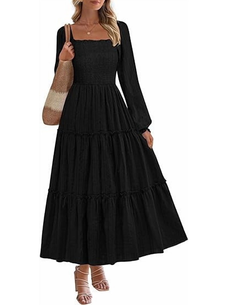 PRETTYGARDEN Maxi Dresses for Woman Fall Boho Long Sleeve Smocked A Line  Ruffle Holiday Party Long Dress with Pockets - Walmart.com