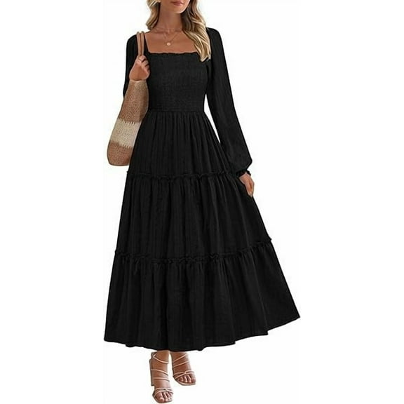 PRETTYGARDEN Maxi Dresses for Woman Fall Boho Long Sleeve Smocked A Line Ruffle Holiday Party Long Dress with Pockets
