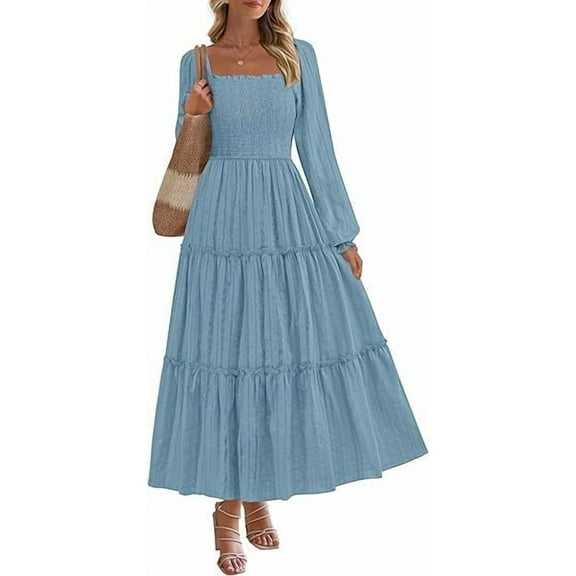 PRETTYGARDEN Maxi Dresses for Woman Fall Boho Long Sleeve Smocked A Line Ruffle Holiday Party Long Dress with Pockets