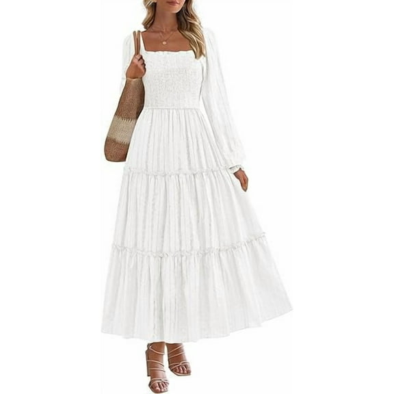 PRETTYGARDEN Maxi Dresses for Woman Fall Boho Long Sleeve Smocked A Line Ruffle Holiday Party Long Dress with Pockets