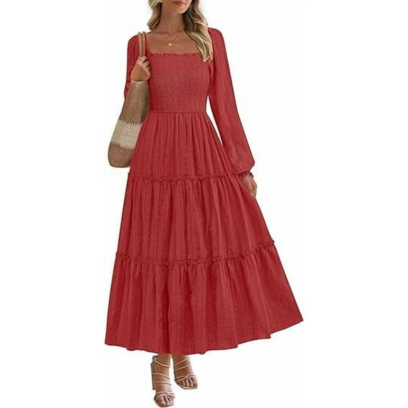 PRETTYGARDEN Maxi Dresses for Woman Fall Boho Long Sleeve Smocked A Line Ruffle Holiday Party Long Dress with Pockets