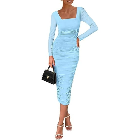 PRETTYGARDEN Midi Dresses for Women Fall Fashion Long Sleeve Ruched Bodycon Cocktail Party Wedding Guest Dres