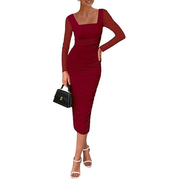PRETTYGARDEN Midi Dresses for Women Fall Fashion Long Sleeve Ruched Bodycon Cocktail Party Wedding Guest Dres