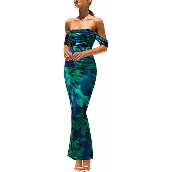 PRETTYGARDEN Women's Floral Maxi Dress 2025 Summer Off Shoulder Mesh Elegant Cocktail Party Ruched Bodycon Dresses