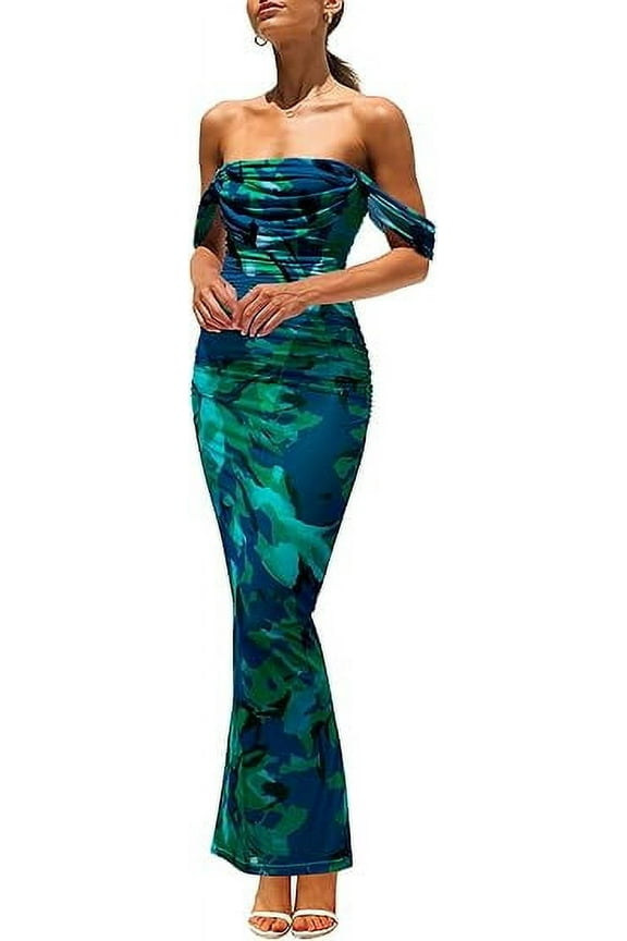 Women's Floral Maxi Dress 2025 Summer Off Shoulder Mesh Elegant Cocktail Party Ruched Bodycon Dresses