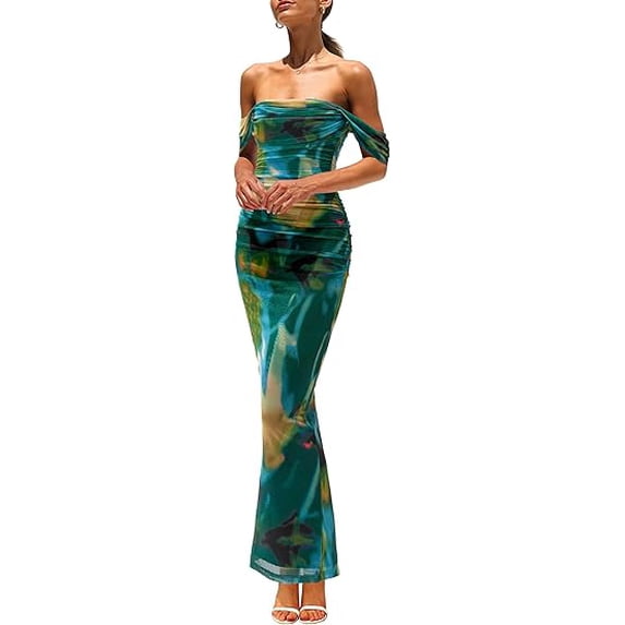 PRETTYGARDEN Women's Floral Maxi Dress 2025 Summer Off Shoulder Mesh Elegant Cocktail Party Ruched Bodycon Dresses