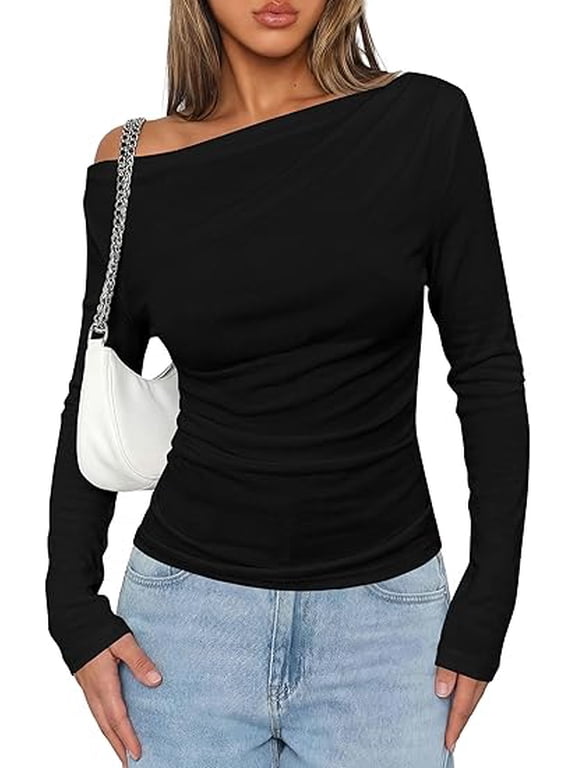 Off The Shoulder Tops for Women Going Out Long Sleeve Shirts Fall Casual Fitted Ribbed Ruched Y2K Clothes