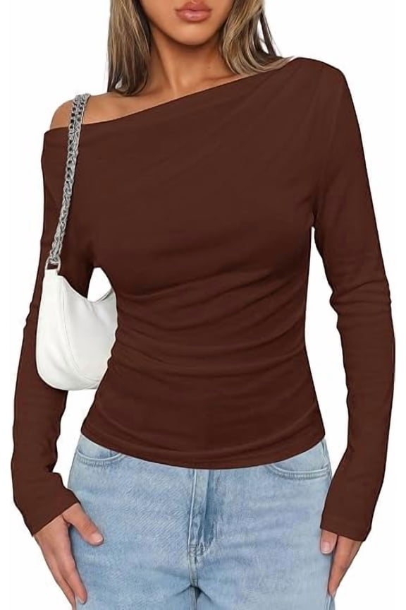 Off The Shoulder Tops for Women Going Out Long Sleeve Shirts Fall Casual Fitted Ribbed Ruched Y2K Clothes