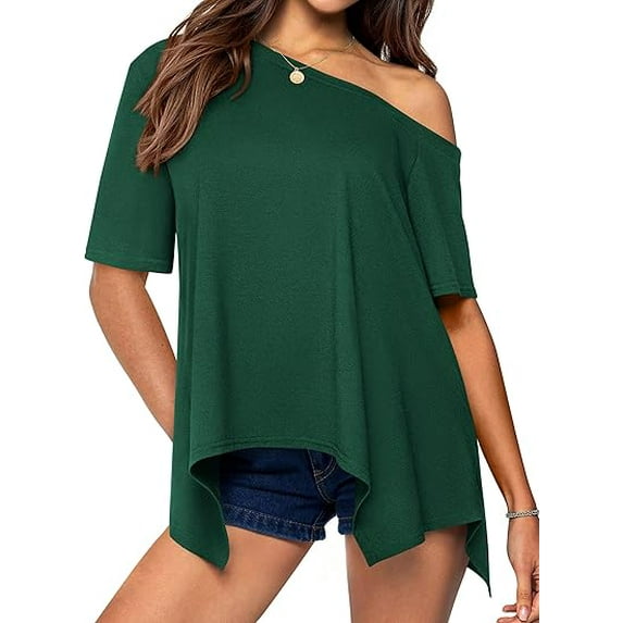 PRETTYGARDEN Off The Shoulder Tops for Women Summer Short Sleeve Asymmetrical Oversized Tee Shirts Casual Spring Clothes