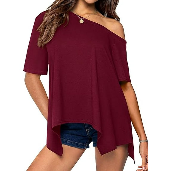 PRETTYGARDEN Off The Shoulder Tops for Women Summer Short Sleeve Asymmetrical Oversized Tee Shirts Casual Spring Clothes