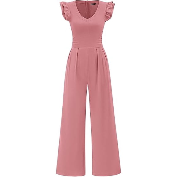 PRETTYGARDEN One Piece Jumpsuits For Women Dressy Ruffle Cap Sleeve V Neck Ribbed Knit Wide Leg Romper Spring Outfits