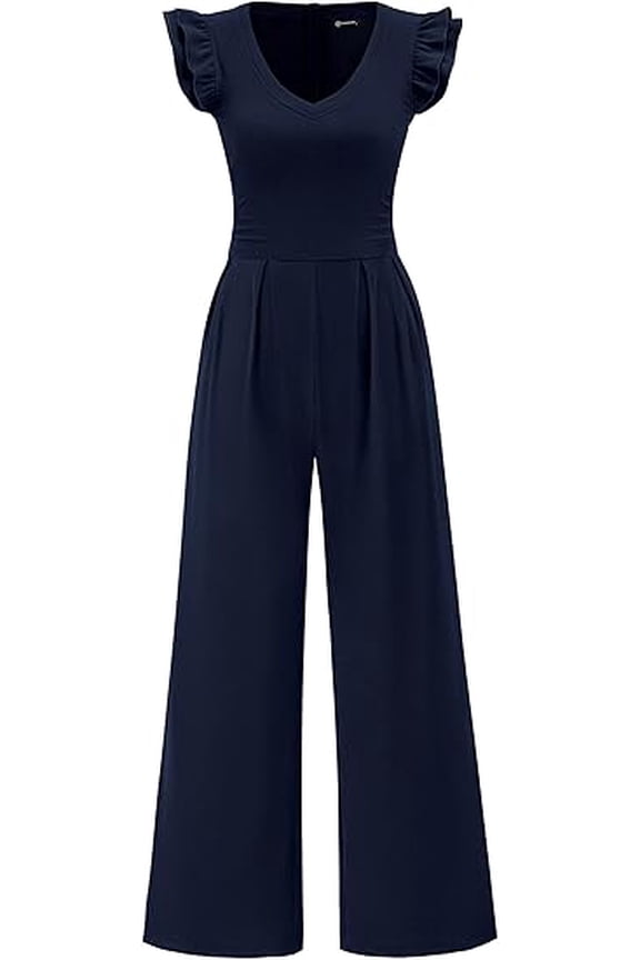 One Piece Jumpsuits For Women Dressy Ruffle Cap Sleeve V Neck Ribbed Knit Wide Leg Romper Spring Outfits