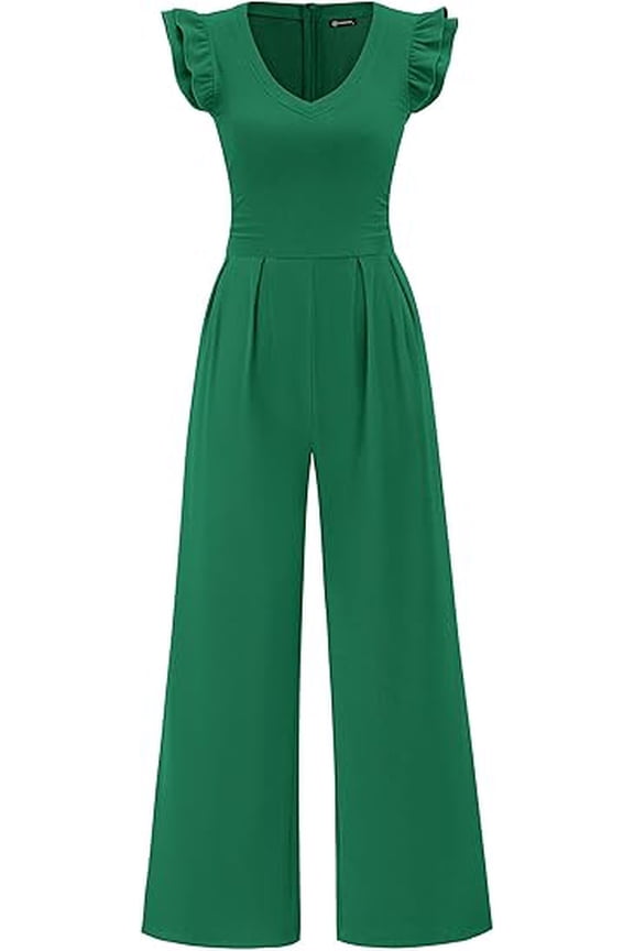 One Piece Jumpsuits For Women Dressy Ruffle Cap Sleeve V Neck Ribbed Knit Wide Leg Romper Spring Outfits