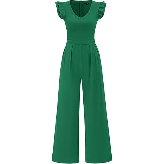 PRETTYGARDEN Green Ruffle Cap Sleeve V Neck Ribbed Knit Wide Leg Romper for women, Size S
