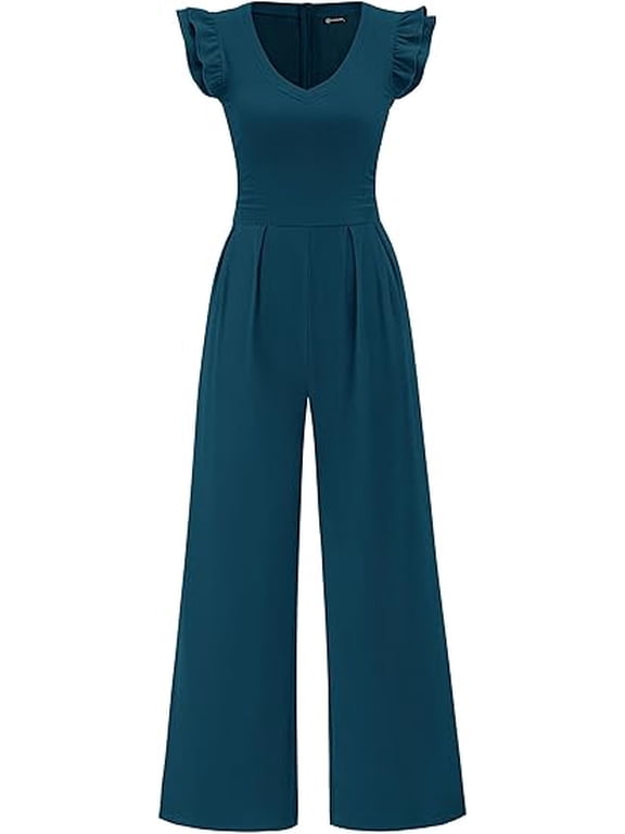 One Piece Jumpsuits For Women Dressy Ruffle Cap Sleeve V Neck Ribbed Knit Wide Leg Romper Spring Outfits