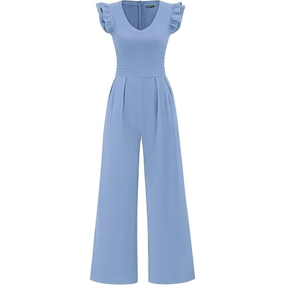 PRETTYGARDEN One Piece Jumpsuits For Women Dressy Ruffle Cap Sleeve V Neck Ribbed Knit Wide Leg Romper Spring Outfits