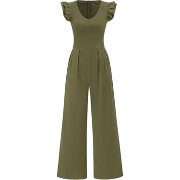 PRETTYGARDEN One Piece Jumpsuits For Women Dressy Ruffle Cap Sleeve V Neck Ribbed Knit Wide Leg Romper Spring Outfits
