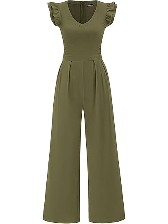 One Piece Jumpsuits For Women Dressy Ruffle Cap Sleeve V Neck Ribbed Knit Wide Leg Romper Spring Outfits