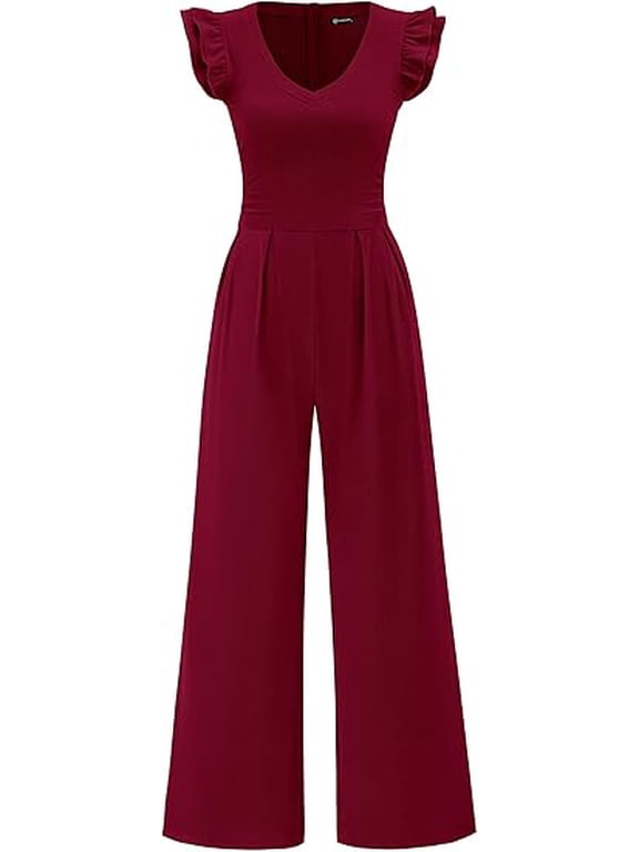 One Piece Jumpsuits For Women Dressy Ruffle Cap Sleeve V Neck Ribbed Knit Wide Leg Romper Spring Outfits