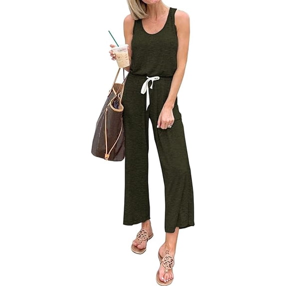 PRETTYGARDEN One Piece Jumpsuits for Women Summer Casual Drawstring Sleeveless Tank Romper Beach Vacation Outfits