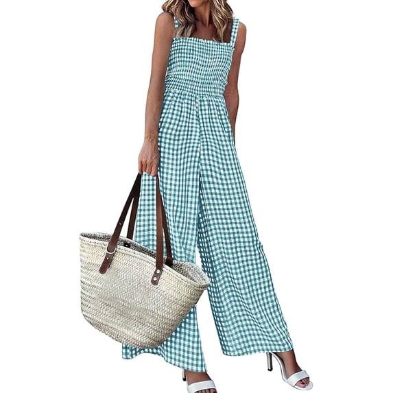PRETTYGARDEN One Piece Jumpsuits for Women Summer Sleeveless Smocked Gingham Wide Leg Date Night Rompers Spring Outfits