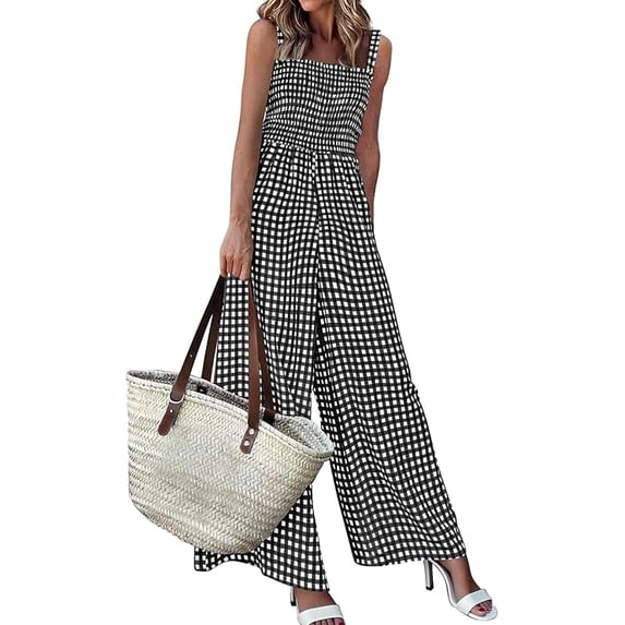 PRETTYGARDEN One Piece Jumpsuits for Women Summer Sleeveless Smocked Gingham Wide Leg Date Night Rompers Spring Outfits
