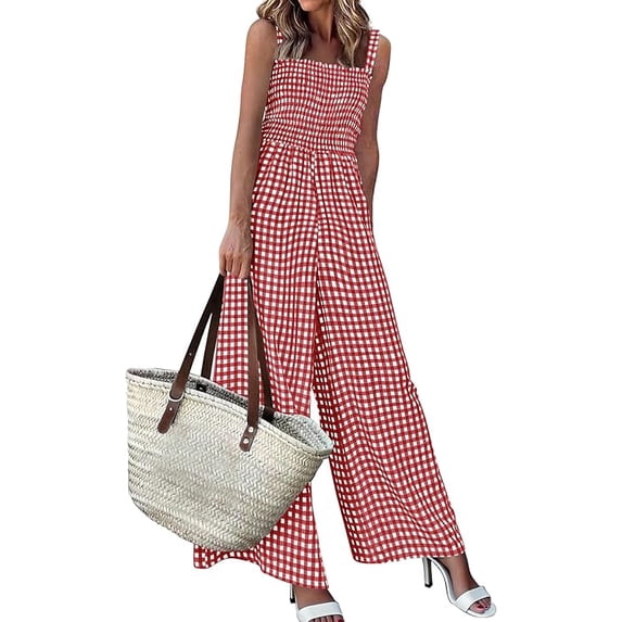 PRETTYGARDEN One Piece Jumpsuits for Women Summer Sleeveless Smocked Gingham Wide Leg Date Night Rompers Spring Outfits