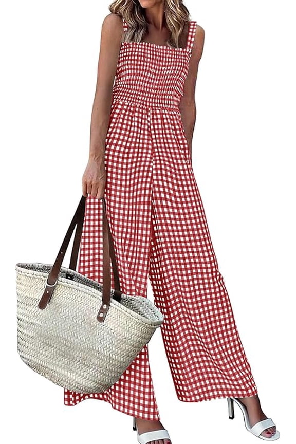 One Piece Jumpsuits for Women Summer Sleeveless Smocked Gingham Wide Leg Date Night Rompers Spring Outfits