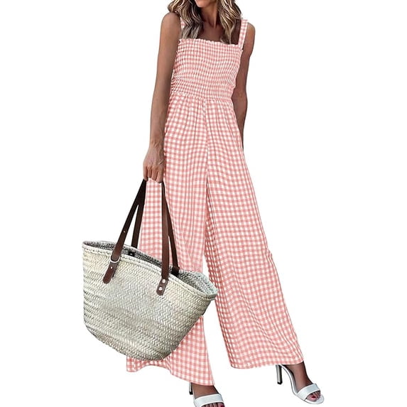 PRETTYGARDEN One Piece Jumpsuits for Women Summer Sleeveless Smocked Gingham Wide Leg Date Night Rompers Spring Outfits
