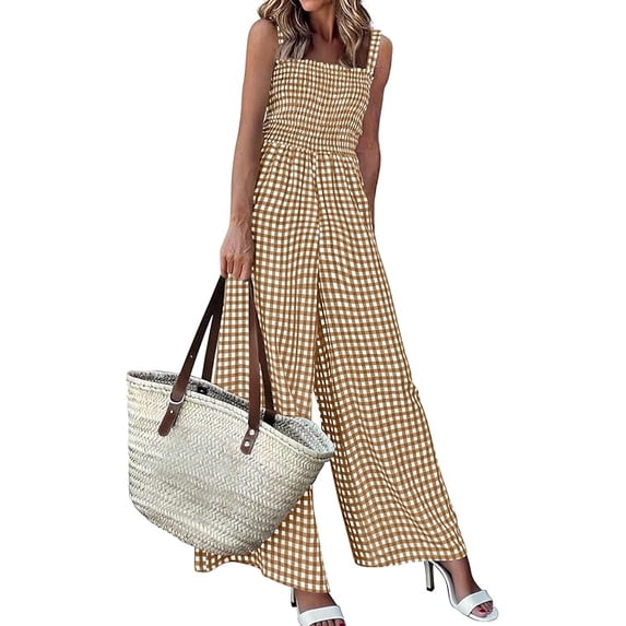 PRETTYGARDEN One Piece Jumpsuits for Women Summer Sleeveless Smocked Gingham Wide Leg Date Night Rompers Spring Outfits