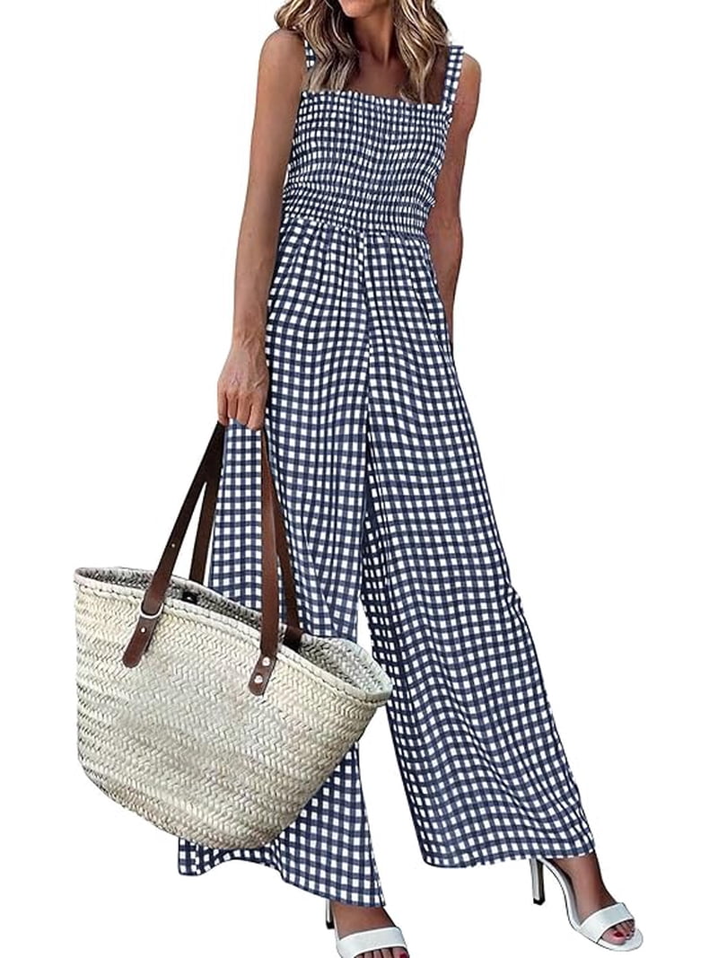 one piece dress for date night Prettygarden One Piece Jumpsuits for Women Summer Sleeveless Smocked Gingham Wide Leg Date Night Rompers Spring Outfits, Women's, Size: 2XL, Blue